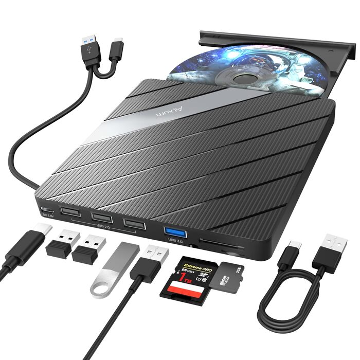 Зовнішній DVD-привід Alxum USB-C 3.0 та USB: CD/DVD плеєр і записувач для ноутбука з картридером SD/TF та додатковим USB-портом, Plug & Play, чорний