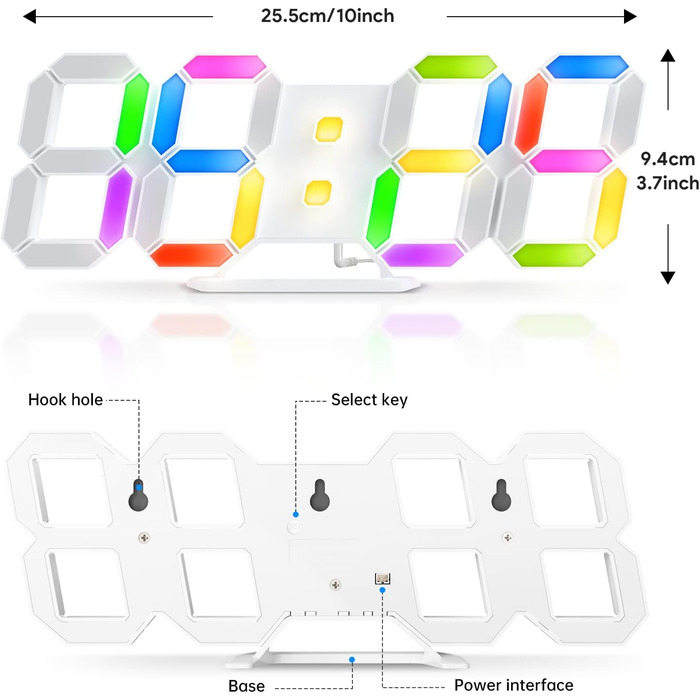 EDUP HOME 3D LED Alarm Clock Digital, 9.7 Inch 7 Colors Silent Snooze USB 12/24 Hour Date Temperature with RGB, APP Control and Remote Control Clock for Bedroom/Living Room/Office