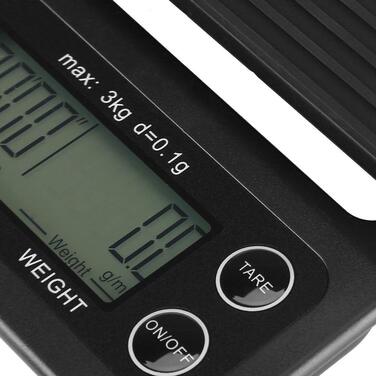 Кухонні ваги цифрові 3 кг/0,1 г з LCD дисплеєм, функцією тарування та таймером, чорного кольору.