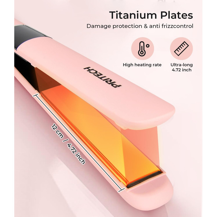 Плойка для волосся PRITECH з титановою пластиною, LCD-дисплеєм, регулюванням температури 150–230°C, універсальна напруга (Рожева)