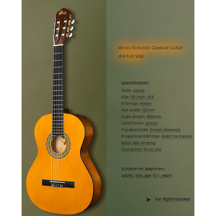 Кітара класична Winzz 4/4 для дорослих та дітей (від 11 років), набір для початківців, чорний глянцевий, 39 дюймів
