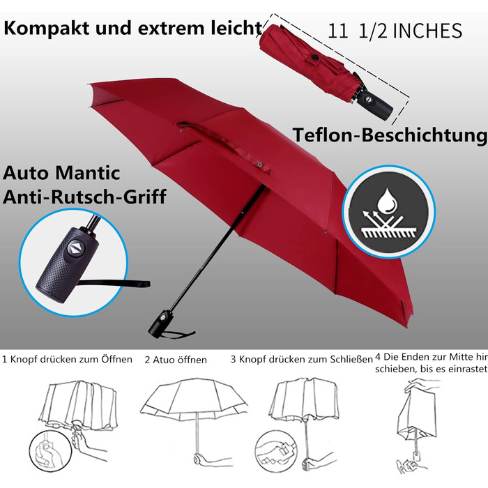 AMVUZ Парасолька штормостійка туристична вітростійка автоматична складана, 210T тефлонове покриття (червона)