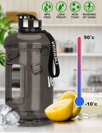Пляшка для води 2.2л з ручкою, велика портативна пластикова, BPA-free, для спорту, туризму, фітнесу, подорожей, чорна