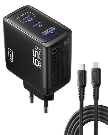 Зарядний пристрій INIU 65W USB-C/USB-A GaN, швидка зарядка для MacBook, iPad, iPhone, Samsung Galaxy, Pixel - Чорний