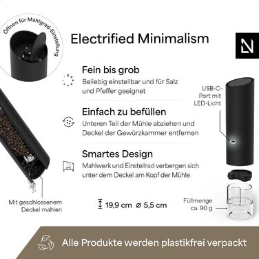 Електричні млини для солі та перцю LARS NYSØM Gravity Grinder - Набір з двох млинів, USB-C, регулювання помелу, для кухні