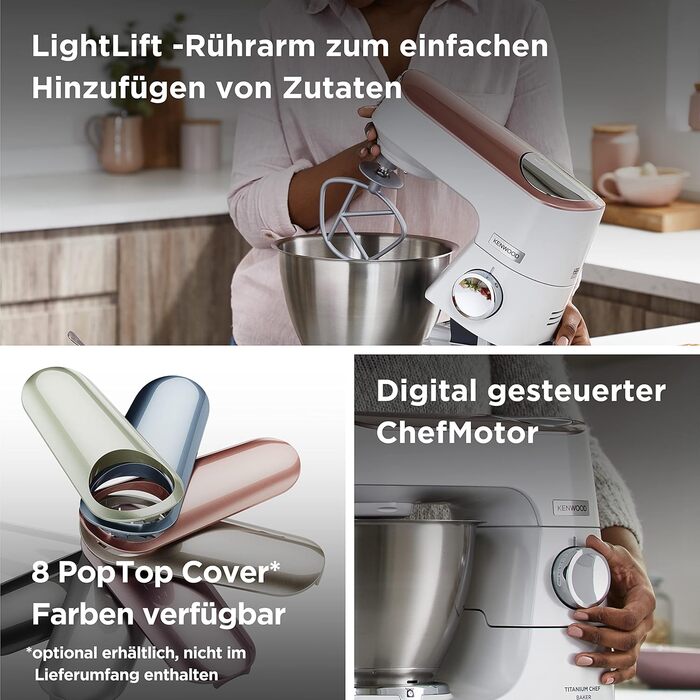 Кухонна машина Kenwood Titanium Chef Baker KVC65.001WH з вбудованими вагами, 1200 Вт, 3 насадки для кондитерських виробів, лопатка та захист від бризок, біла