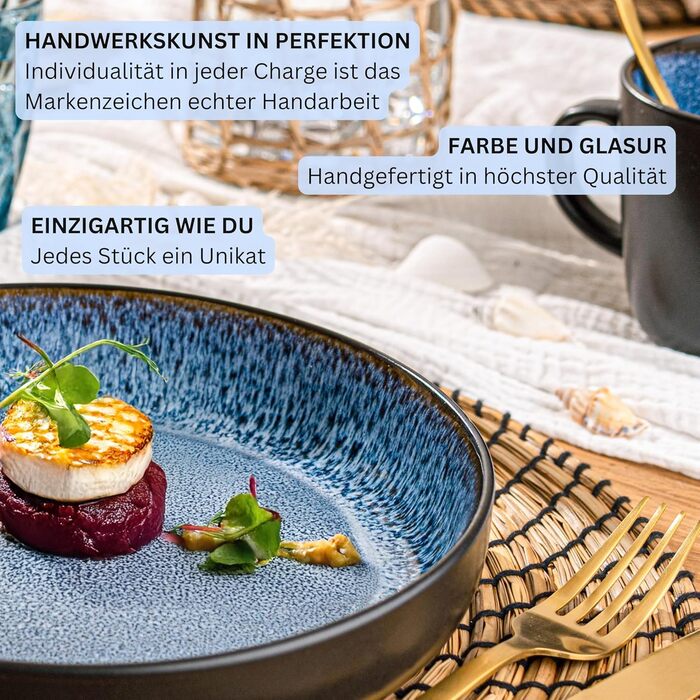 Набір тарілок для пасти SÄNGER Aruba, 6 шт., кераміка, блакитні, 750 мл, набір посуду для 6 осіб, миючі в посудомийній машині, мікрохвильова піч, стійкі до подряпин