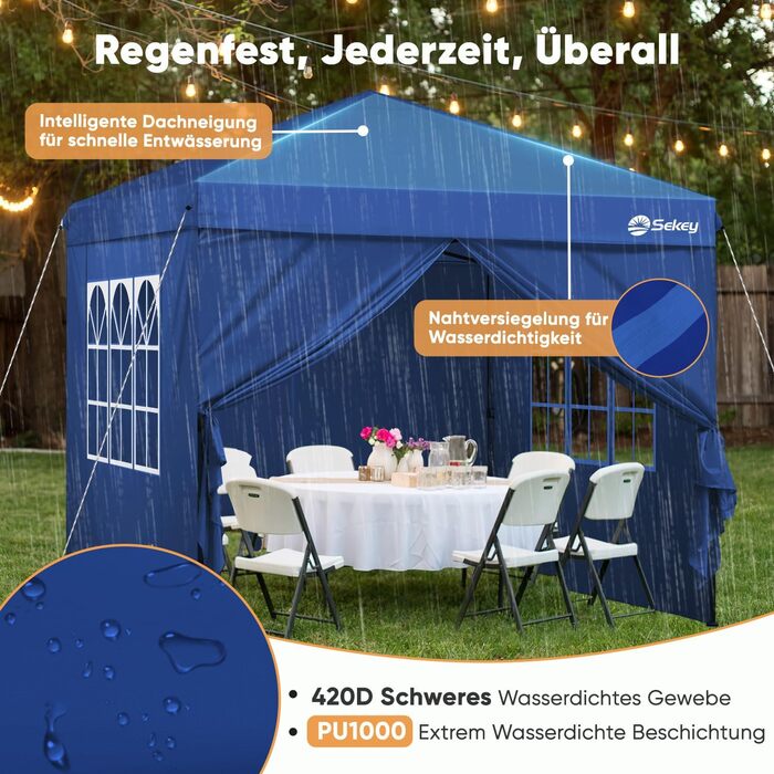 Sekey One-Touch Pop Up Pavilion 3x3 Waterproof Stable Winter-Proof, Folding Pavilion 3x3m with Thickened Tubes, Party Tent Pavilion Folding for Camping Festival Party, (Navy, with Side Walls)