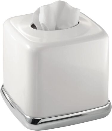 mDesign Cosmetic Tissue Box - Practical tissue box for the bathroom made of metal with a white finish and chrome accents - Paper tissue box in a modern & minimalist design