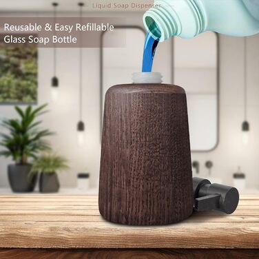 Дозатор для мила ручної роботи з темного дерева, пластиковий насос, елемент декору ванної кімнати, багаторазовий дозатор, пляшка для душу, неслизьке дно, довговічний та стильний