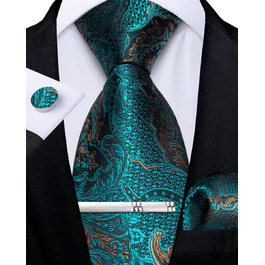 Набір краваток DiBanGu чоловічий: шовкова краватка, нагрудна хустка, запонки, зажим для краватки, блакитно-зелений візерунок Paisley, для ділових зустрічей