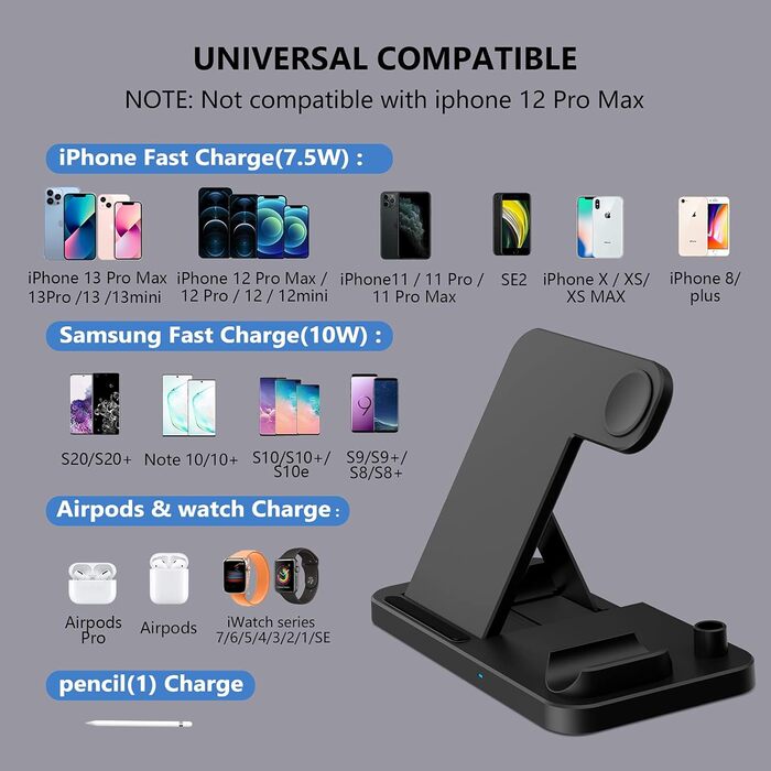 Бездротовий зарядний пристрій 4-в-1, 18W для Apple Watch, AirPods Pro, iPhone 12/SE/11/X/XR/Xs Max/8, Samsung Galaxy S20/S10 - Qi сертифікований