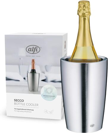 alfi SECCO, stainless steel bottle cooler for 0.70 to 1L bottles, wine, sparkling wine. Keeps drinks cool without condensation or ice cubes, ensuring chilled drinks to the last drop. Dishwasher-safe, BPA-free.