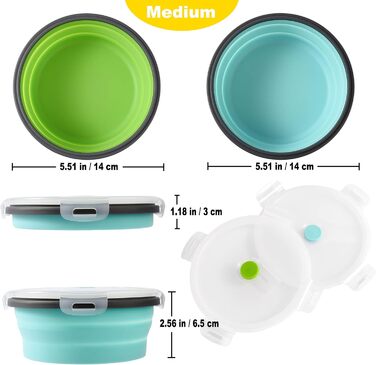 Складані миски для собак з силікону для корму та води, для подорожей, з кришкою, портативні, розширювані, для домашніх тварин, для прогулянок, кемпінгу, 2 шт. блакитний / зелений (Medium, блакитний / зелений)