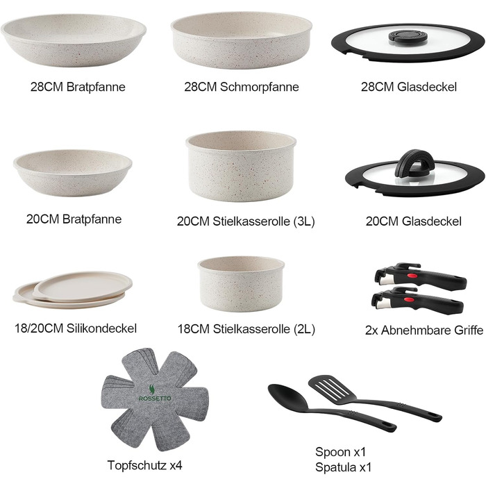 Набір посуду ROSSETTO 17 предметів: каструлі, сковороди з антипригарним покриттям, знімні ручки, PFOA & PFOS-free
