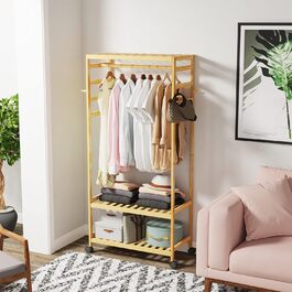 Bamboo Coat Rack, Clothes Rack with 3 Shelves and 10 Hooks, Laundry Rack with Clothes Rod, for Entryway, Living Room and Office, 80x43.5x165cm (Natural3)