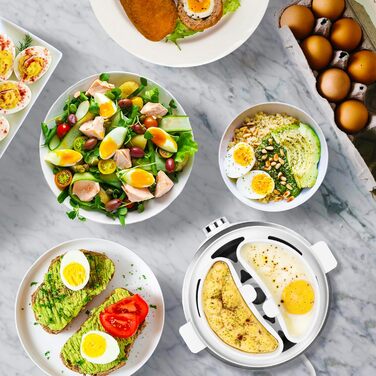 Електричний яйцеварка Duronic EB27 WE: для 1-7 яєць, регулювання ступеня готовності, таймер, захист від перегріву, мірна склянка та знімач яєць