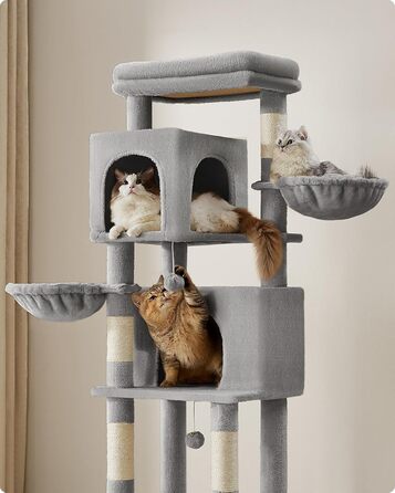 Дім для кота Feandrea, 175 см, XL, багатоярусний з 2 будиночками, 2 лежаками, 5 стовпчиками для шліфування, щіткою для котів, великою платформою, сірий (PCT182G01 XL)