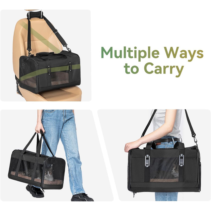 Транспортна переноска для кота та маленького собаки Petsfit, чорна, середнього розміру, з м'яким килимком та патентованими застібками