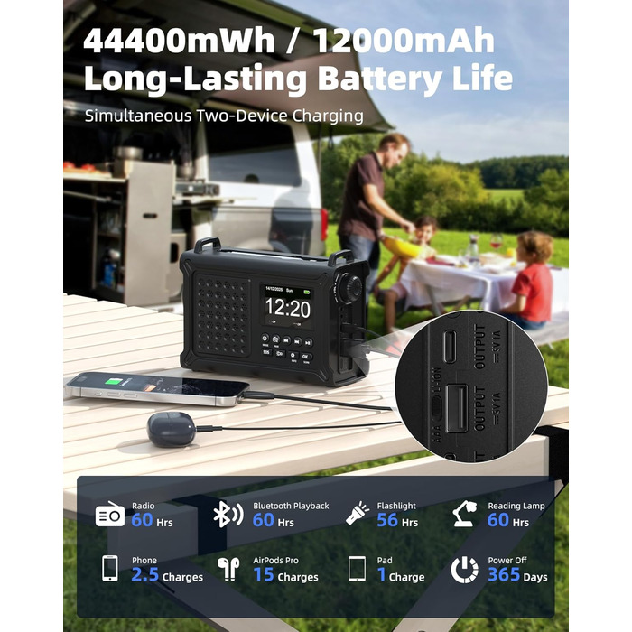 Радіо Kurbelradio на сонячній енергії та з ручним приводом | DAB/DAB+/UKW, Bluetooth 5.0 | Радіо для надзвичайних ситуацій з сонячною панеллю 8500 мм² та ручним приводом 650 мА | Портативне динамо-радіо з сонячною батареєю | Ліхтар та зарядний пристрій | 