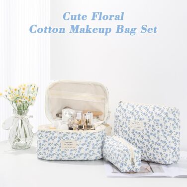 Набір косметичок 3 шт. з квітковим візерунком, дорожні та повсякденні | Косметичка для макіяжу для жінок та дівчат (Блакитний Павич)