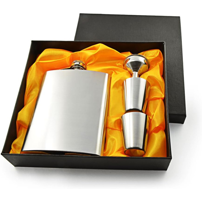 Фляга з нержавіючої сталі з 2 склянками для шнапсу та воронкою в подарунковій коробці, з гвинтовим кришкою, кишенькова пляшка