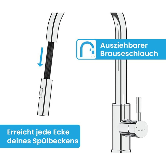 Кухонний змішувач Bächlein Plivo з нержавіючої сталі з висувним виливом, 360° обертання, для кухні, масивний, нержавіюча сталь