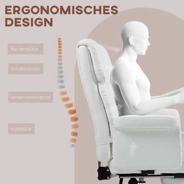 Офісний стілець HOMCOM, ергономічний стілець для робочого столу з функцією відкидання спинки, подушкою для попереку, регульованою по висоті, комп’ютерний стілець з підставкою для ніг, обертається, для дому та офісу, штучна шкіра, білий | Aosom
