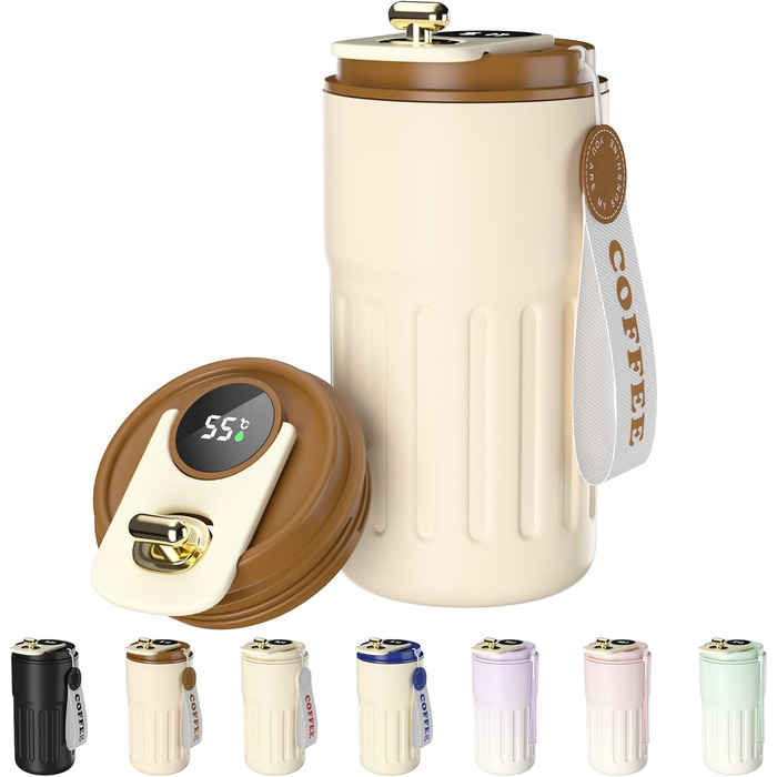 Термокружка для кави HomeAlexa з цифровим дисплеєм, 410 мл, нержавіюча сталь 316, ізольована, з кришкою, для подорожей