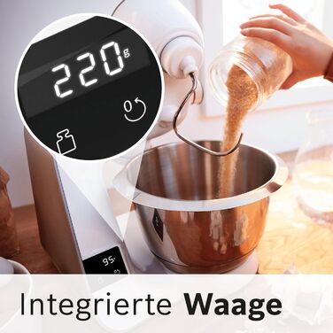 Bosch Kitchen Machine Series 4 MUM5XW20, stainless steel bowl 3.9 L, integrated scale, mixer 1.25 L, professional dough hook, snow sweeper, silicone beater, continuous slicer, 4 discs, 1000 W, white/silver white, 2 accessories, integrated scale