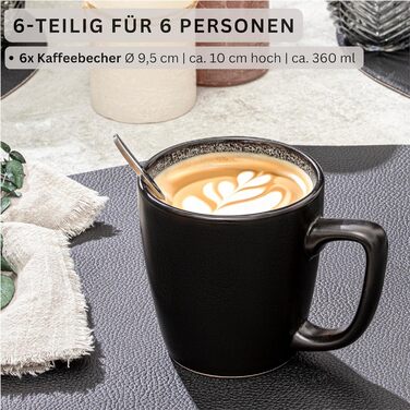 Набір кавових чашок SÄNGER Luxor (6 шт.) з кераміки, 360 мл, для кави та чаю, темно-коричневого кольору, стійкі до миття в посудомийній машині та мікрохвильовій печі