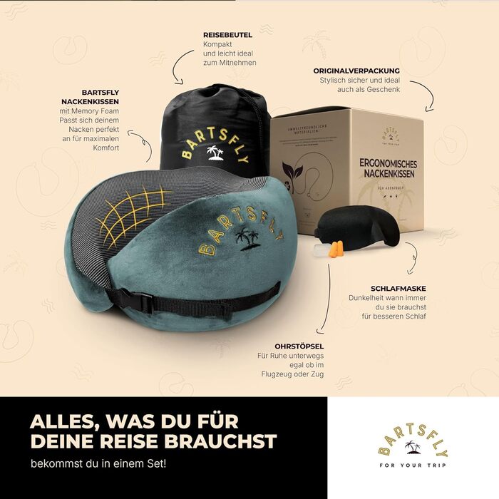 Подушка для шиї Memory Foam - для подорожей, авто та літака, ергономічна, проти болю в шиї, комфортна для сну, для тривалих перельотів, можна прати (Блакитна)