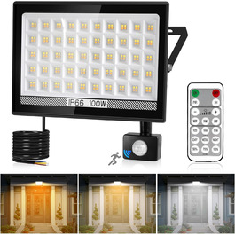 NATPOW Spotlight with Motion Sensor, Outdoor, 100W LED Floodlight with IP66 Waterproof, 6000K Super Bright Spotlight Outdoor Floodlight for Garden, Garage, Sports Field, Backyard (2 Pack) (100w-remote-1p)