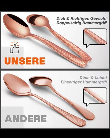 30-Piece Flatware Set, 6 People, Roségold, Thickened Stainless Steel Cutlery Set with Hammered Handle, Dinner Cutlery Set with Knife, Fork, Spoon, Mirror Polished, Dishwasher Safe