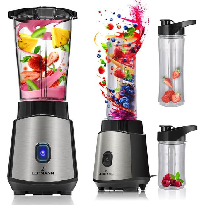 LEHMANN 1200W Stand Mixer & Smoothie Maker - Portable Blender with 2 Bottles (570ml & 400ml), Easy to Clean, 4-Blade System, Mini Blender for Juices, Shakes & Protein Shakes