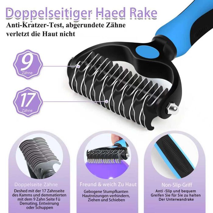 Набір гребінців для собак та котів зі щіткою Slicker, 3 шт. з дерев'яною ручкою, гребінь для підшерстка та гребінь з нержавіючої сталі – для довгошерстих порід (золотистий ретривер, австралійська вівчарка) – фіолетовий