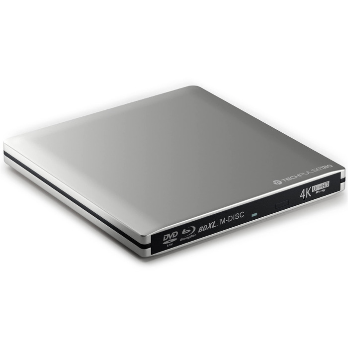 Зовнішній Blu-ray привід techPulse120 UHD 4K 3D M-Disc BDXL, USB 3.0 та USB-C, для ноутбуків та ПК (Windows, Mac OS), алюміній, сріблястий