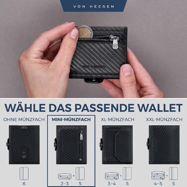 Стильний тонкий гаманець VON HEESEN з відділенням для монет та захистом RFID - гаманець для чоловіків та жінок - картхолдер, міні-портмоне, чорний карбон