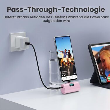 Компактний Mini Powerbank Klein 5200mAh з LCD-дисплеєм, USB-C PD зовнішній акумулятор для iPhone 15/16/17, Samsung S24/S25, Huawei, iPad — Рожевий