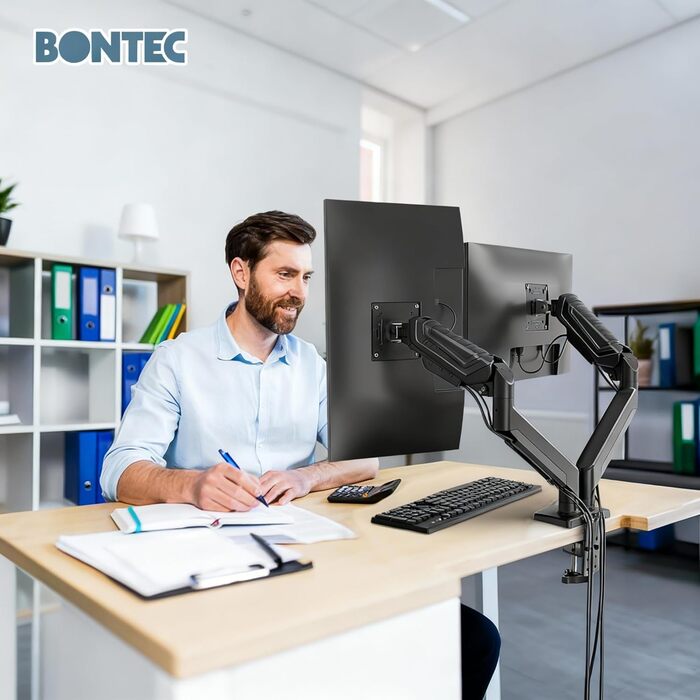 Підставка для монітора BONTEC для 2 моніторів, 14-34 дюйми, газліфт, VESA 75/100, регульована, поворотна, 360°, ергономічна, з кабелеуправлінням, для дому/офісу та геймінгу