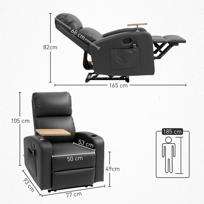 HOMCOM Recliner with Massage Function, TV Recliner with Lie-Flat Feature, Swivel Table, Massage Chair, Recliner with Remote Control, Spring, Side Pocket and Cup Holder, Microfiber, Black | Aosom