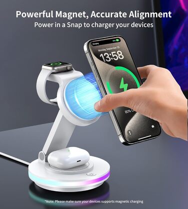 Бездротова зарядка MagSafe 3-в-1: зарядний стан для Apple Watch, iPhone 16/15/14 з нічним світлом, поворотний