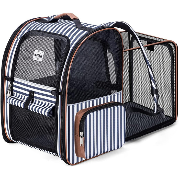 Рюкзак для кота Lekebobor, розширюваний, переноска для тварин, для маленьких собак та середніх котів до 8 кг, складний, для подорожей та походів, блакитний в смужку, 12.6'L x 11.2'W x 16.5'H - L