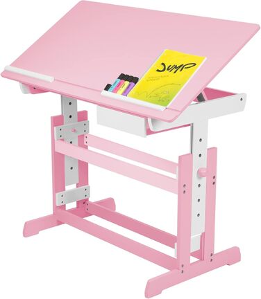 tectake® Adjustable Height Kids Desk with Tilting Tabletop & Storage Drawer - Pink | 400926