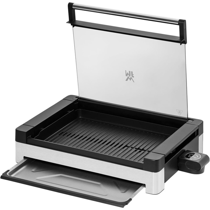 WMF Lono Electric Table Grill with Glass Lid - Non-Stick Coated Plate, Removable Drip Tray, Dishwasher Safe, Matte Stainless Steel, 2200W Single