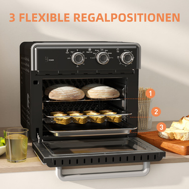 HOMCOM 20L Convection Mini Oven with Baking Tray, Grill Rack, and Crumb Tray, 90°C-230°C Air Fryer with 5 Modes, Frying Basket, 60 Min. Timer, 1400W, Metal | Aosom