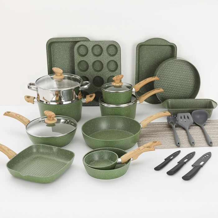 Kitchen Academy 30-Piece Induction Cookware Set with Glass Lids and Granite Coating, including Frying Pans and Pots (Green)