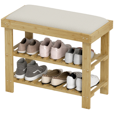 HOMCOM Shoe Cabinet with Seat, Bamboo Bench with Storage, Shoe Rack with 2 Open Compartments, Bench, Bank, Coat Room Bench for Living Room, Hallway, 60 x 29 x 49 cm Cream White | Aosom