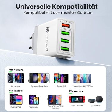 Мережевий адаптер USB 33W з 4 портами, швидка зарядка QC 3.0, для iPhone 16/15/14/13/12/11, Samsung, iPad та інші пристрої