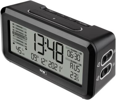 TFA Dostmann Digital Radio Alarm Clock BOXX2, 60.2562.01, German display, 2 alarm times, room climate monitoring, with weekday, with battery, black, (L) 138 x (W) 52 x (H) 72 mm